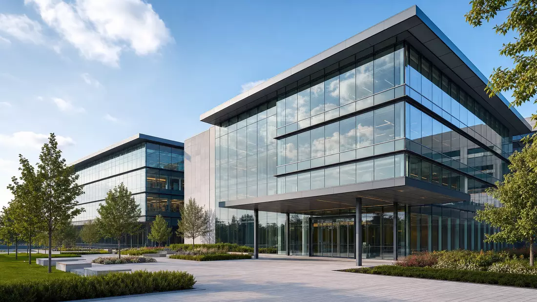 Architektur-Rendering eines modernen Bürogebäudes mit Glasfassade und Grünanlagen