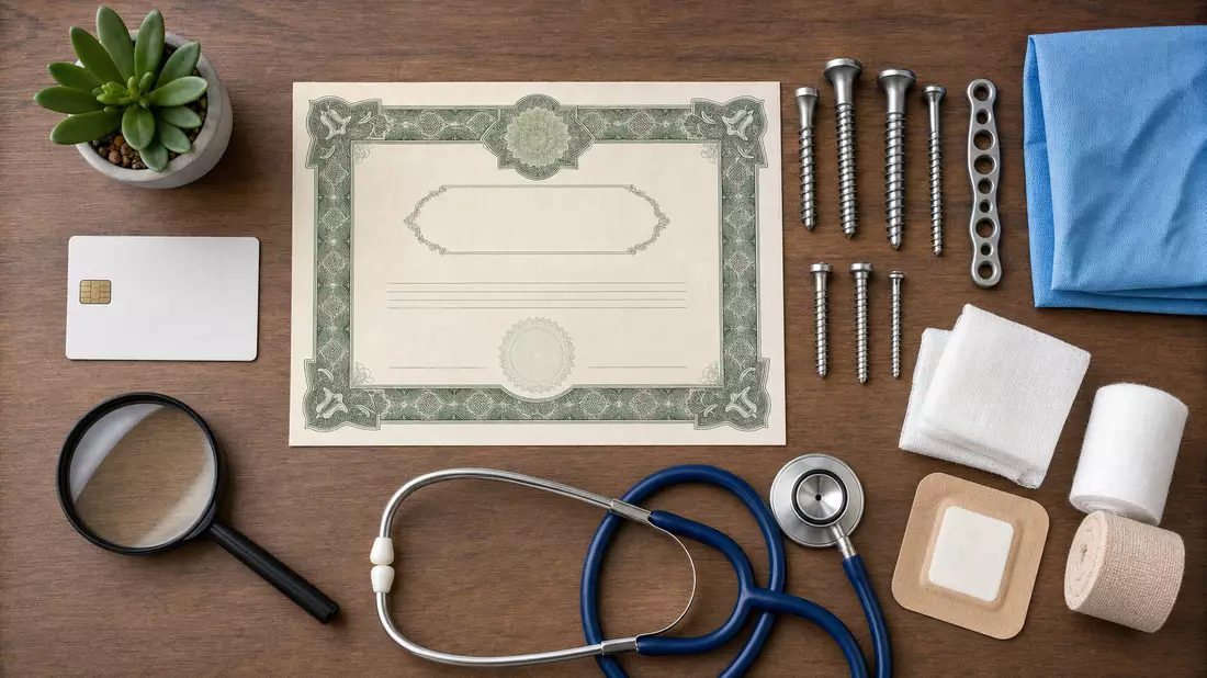 Flatlay mit Aktienzertifikat, ISIN-Karte, Implantatschrauben und Verbandsmaterial