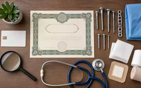 Smith & Nephew plc (ISIN GB0009223206) steht fĂŒr Wundversorgung, dargestellt als Flatlay mit Zertifikat, Schrauben - Foto: THN
