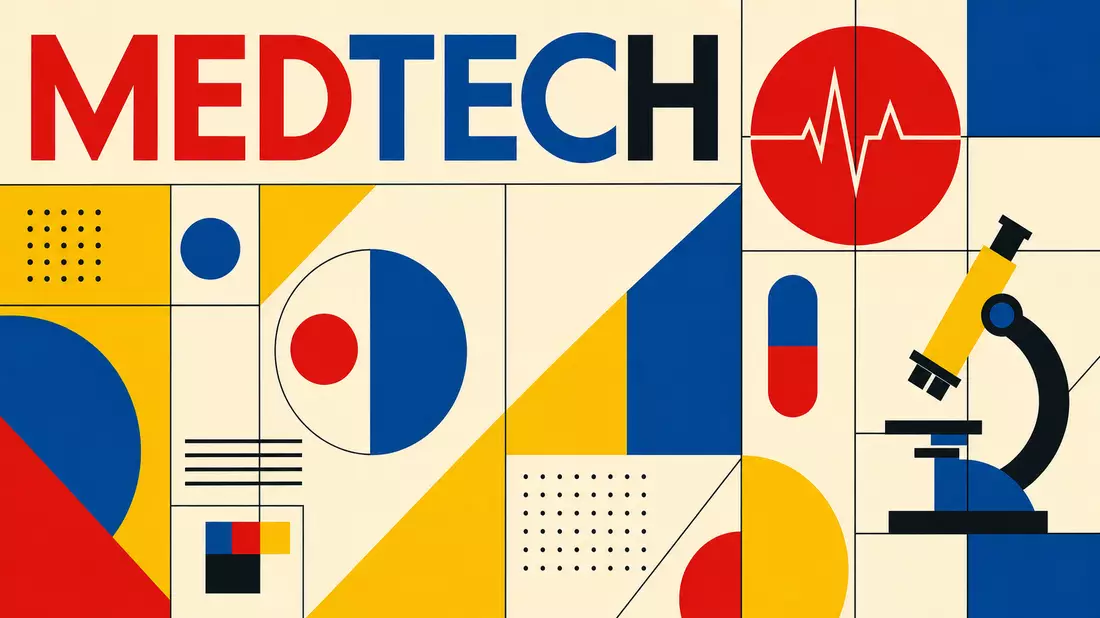 Geometrisches Bauhaus-Poster mit Kreisen, Dreiecken und dem Wort MEDTECH