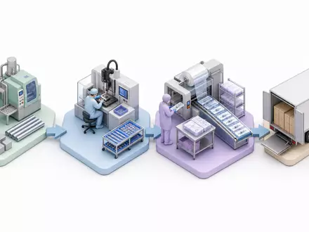 Smith & Nephew plc (ISIN GB0009223206) zeigt eine Wertschöpfungskette als isometrische 3D-Prozessdarstellung mit vier Stufen - Foto: THN