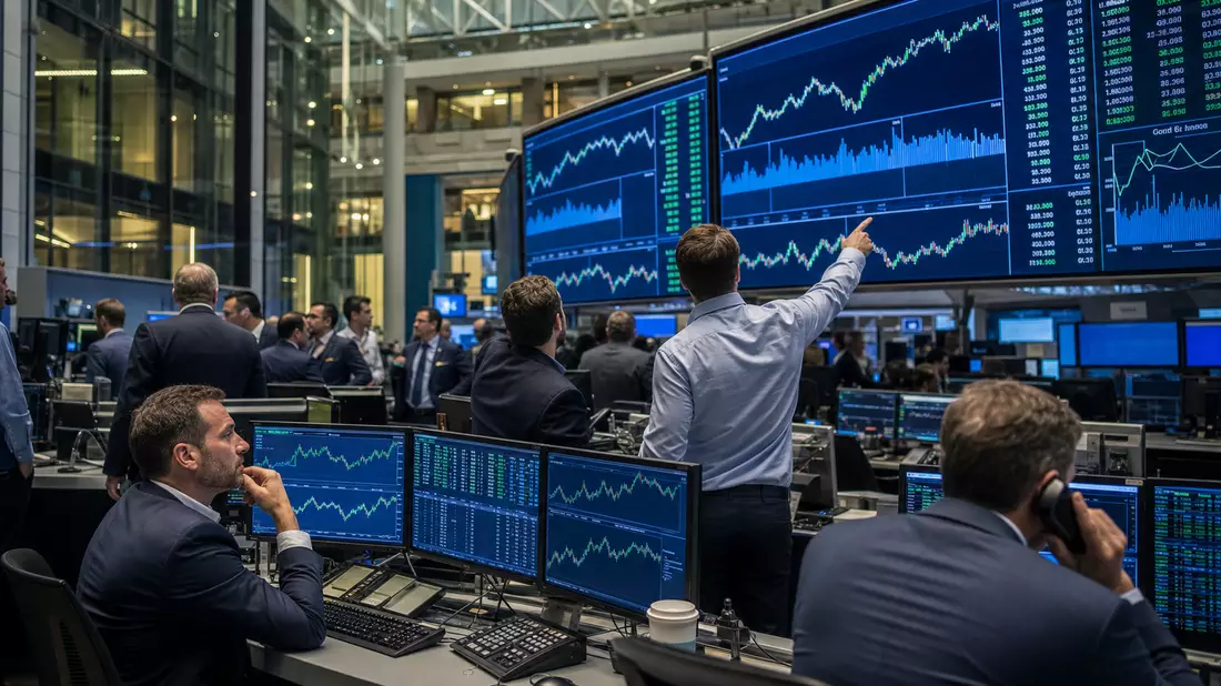 Trading-Floor mit Händlern vor Bildschirmen mit Gesundheitssektor-Kursverläufen