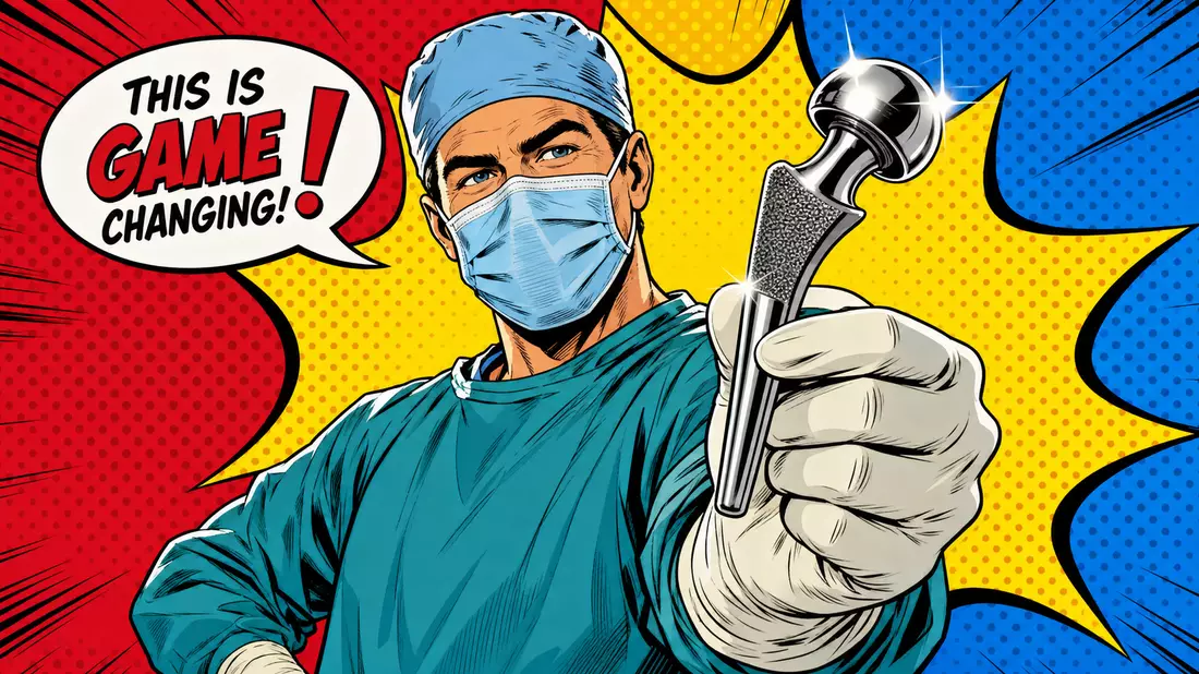 Pop-Art-Comic zeigt Chirurgen mit glänzendem Implantat vor buntem Hintergrund