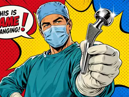 Smith & Nephew plc (ISIN GB0009223206) wird als farbenfrohe Pop-Art-Comic-Szene mit stolzem Chirurgen inszeniert - Foto: THN