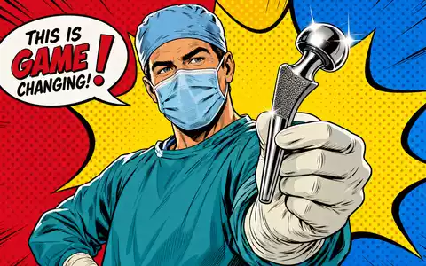 Smith & Nephew plc (ISIN GB0009223206) wird als farbenfrohe Pop-Art-Comic-Szene mit stolzem Chirurgen inszeniert - Foto: THN