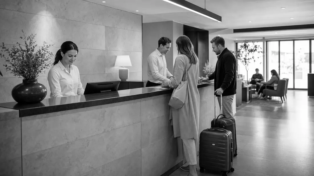 Schwarzweiß-Reportagefoto einer Hotelrezeption mit Gästen und Personal