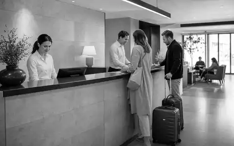 InterContinental Hotels Group PLC (GB00BHJYC057) prägt den Gastgewerbe-Alltag, dokumentiert hier als authentische Schwarzweiß-Rezeptionsszene - Foto: THN