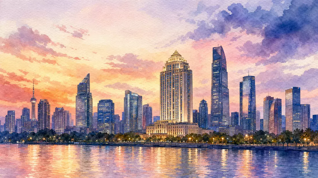 Aquarellmalerei einer Stadtskyline mit hohem Hotelturm bei Sonnenuntergang