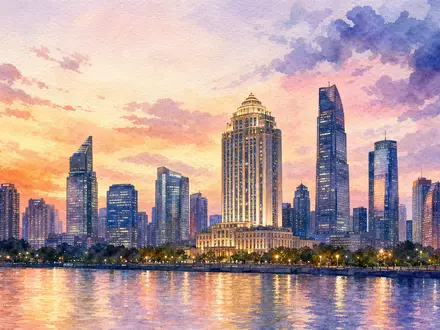 InterContinental Hotels Group PLC (GB00BHJYC057) steht sinnbildlich für urbane Hotelskylines, hier künstlerisch als Aquarell dargestellt - Foto: THN
