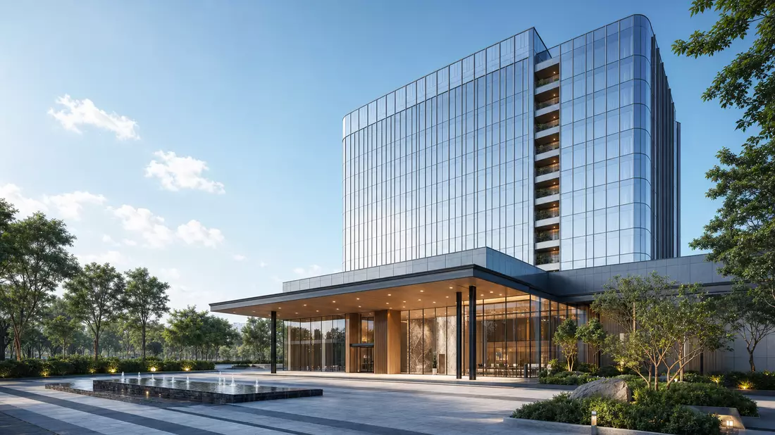 Architektur-Render eines modernen gläsernen Hotelhochhauses mit Eingangsbereich