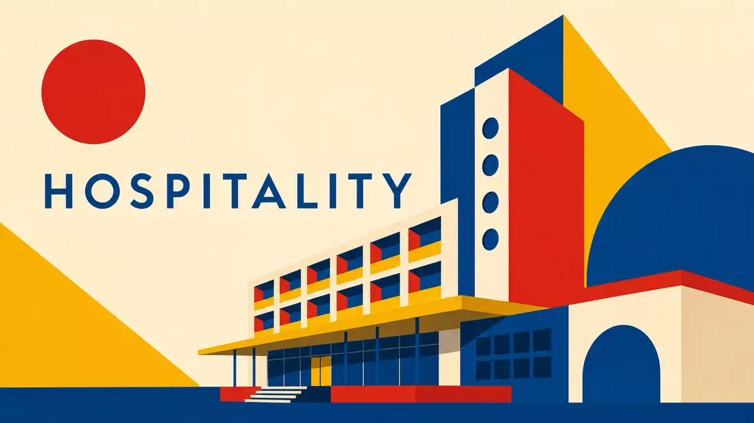 Bauhaus-Poster mit geometrischem Hotelgebäude und Schriftzug HOSPITALITY