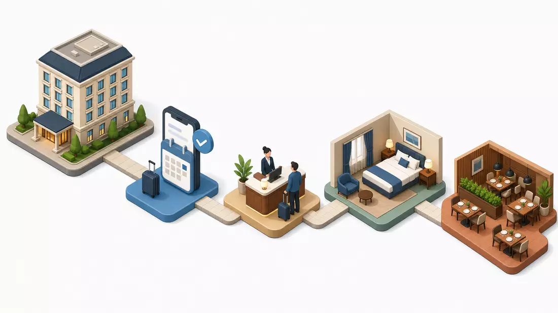 Isometrische 3D-Grafik der Hotel-Wertschöpfungskette von Buchung bis Restaurant