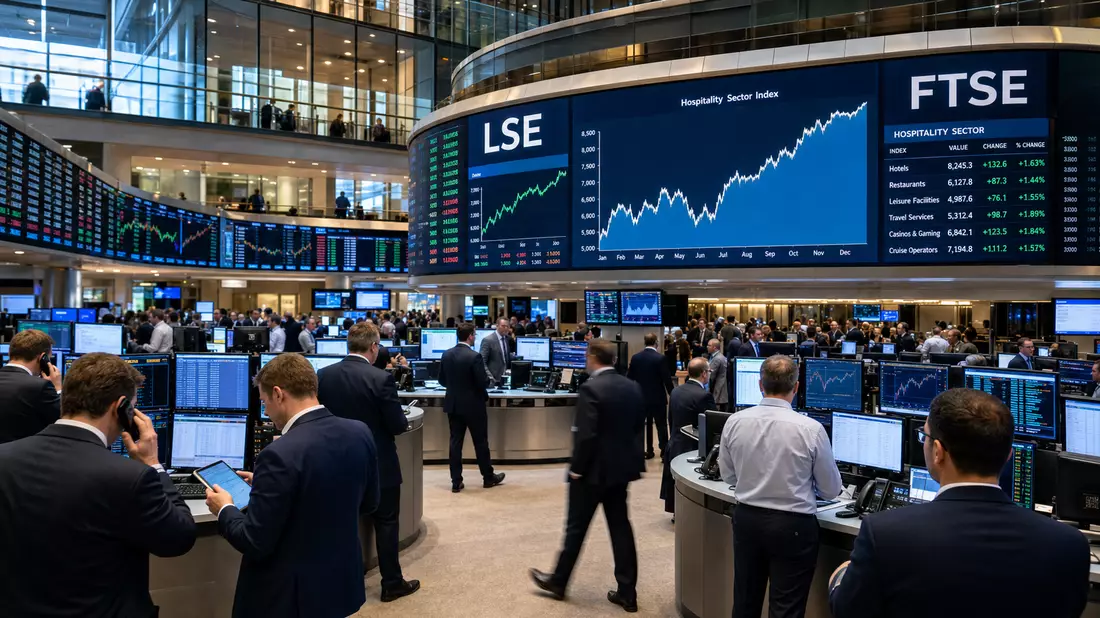 Börsen-Editorial: Trading-Floor mit Charts zum Hospitality-Sektor und LSE-Kürzel