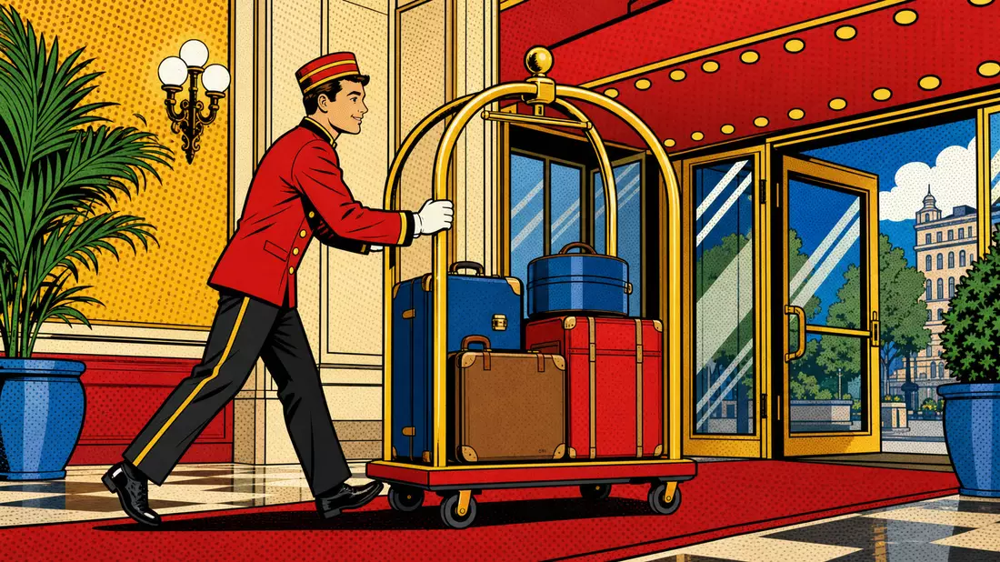 Pop-Art-Comic eines Pagen mit Gepäckwagen vor buntem Hoteleingang