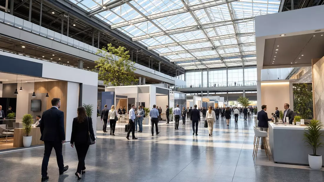 Moderne Messehalle mit Ausstellern und Besuchern, Informa plc GB00BMJ6DW54