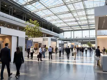 Informa plc (ISIN GB00BMJ6DW54) präsentiert eine moderne Messehalle mit internationalen Ausstellern und regem Fachpublikum - Foto: THN
