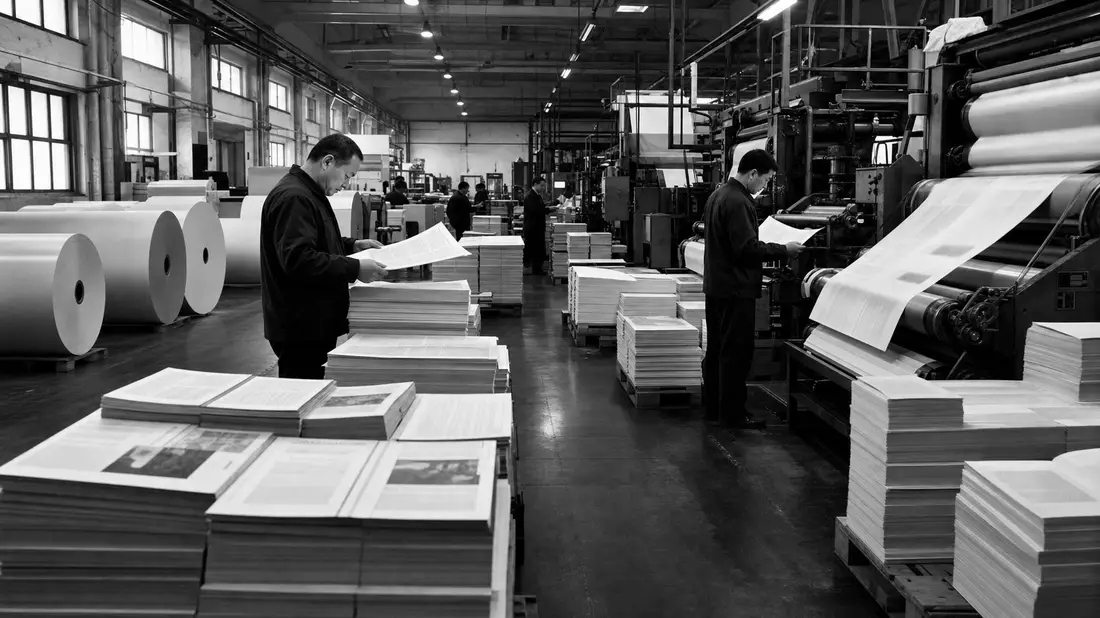 Schwarzweiß-Reportage einer Druckerei mit Papierrollen, Informa plc GB00BMJ6DW54