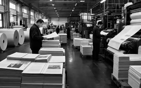 Informa plc (ISIN GB00BMJ6DW54) zeigt eine dokumentarische SchwarzweiĂ-Szene aus einer Fachverlags-Druckerei mit Papierrollen - Foto: THN