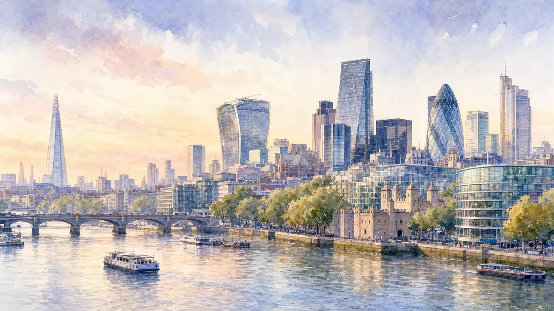 Aquarellbild der Londoner Skyline an der Themse, Informa plc GB00BMJ6DW54