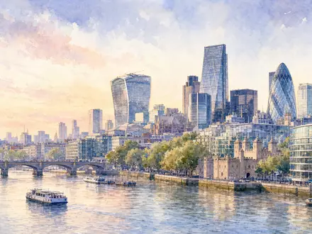 Informa plc (ISIN GB00BMJ6DW54) wird durch eine Aquarell-Ansicht der Londoner Skyline entlang der Themse dargestellt - Foto: THN