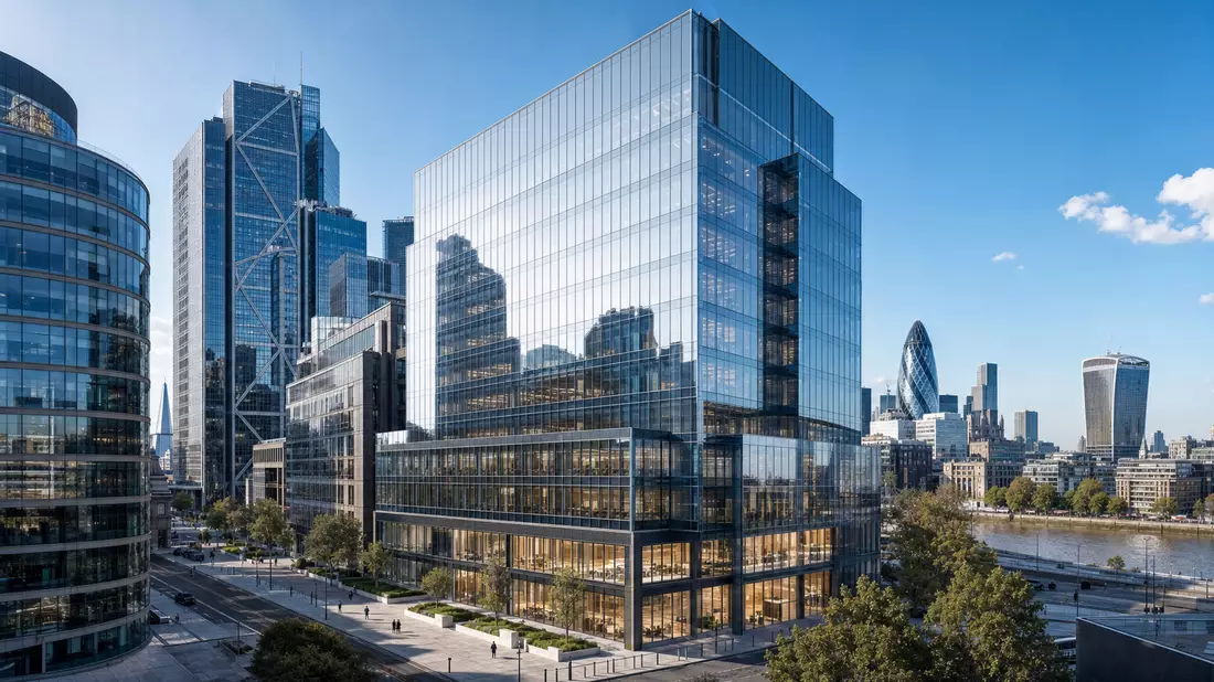 Architektur-Render eines Bürohochhauses im Finanzviertel, Informa plc GB00BMJ6DW54