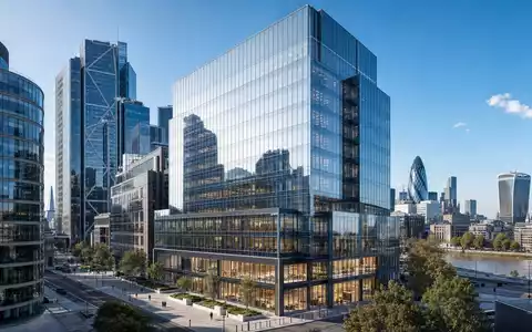 Informa plc (ISIN GB00BMJ6DW54) inspiriert einen Architektur-Render eines modernen Bürohochhauses im Finanzviertel Londons - Foto: THN