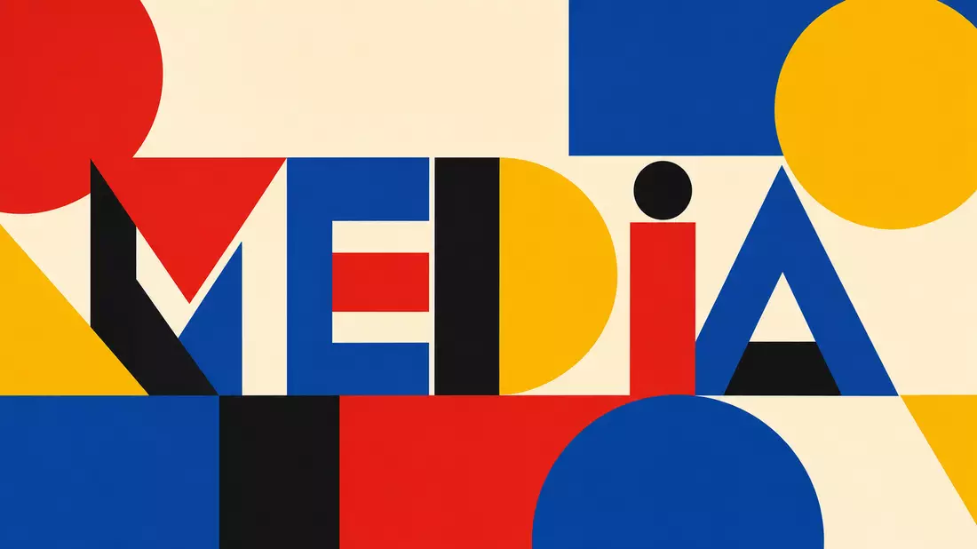 Bauhaus-Poster mit geometrischen Formen und Schriftzug MEDIA, Informa plc GB00BMJ6DW54