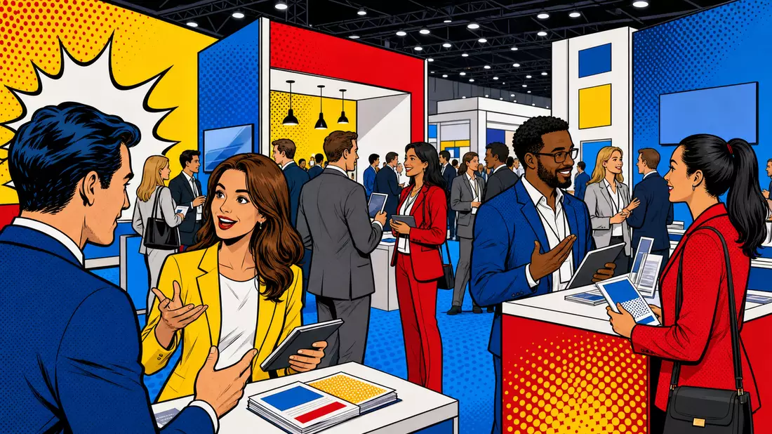 Pop-Art-Comic-Szene einer belebten Fachmesse mit Ausstellern, Informa plc GB00BMJ6DW54