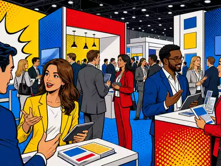 Informa plc (ISIN GB00BMJ6DW54) prÀsentiert eine farbenfrohe Pop-Art-Comic-Szene einer belebten Fachmesse mit Ausstellern - Foto: THN