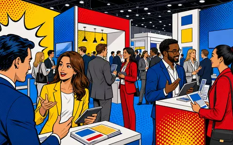 Informa plc (ISIN GB00BMJ6DW54) präsentiert eine farbenfrohe Pop-Art-Comic-Szene einer belebten Fachmesse mit Ausstellern - Foto: THN