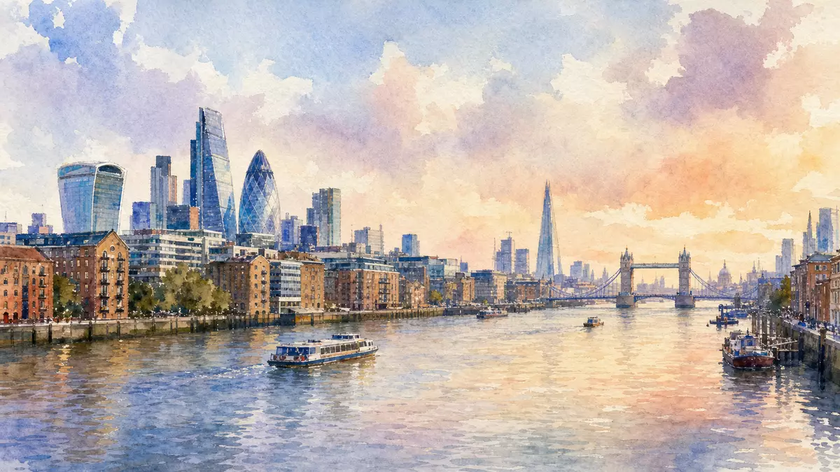 Aquarellmalerei der Londoner Skyline mit Themse und Tower Bridge bei Sonnenuntergang