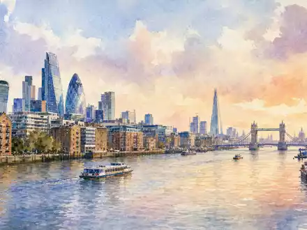 Bunzl plc (ISIN GB00B0744B38) hat Firmensitz in London, gezeigt als stimmungsvolles Aquarellgemälde der Themse - Foto: THN