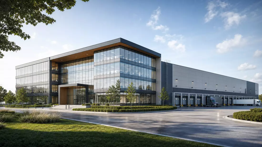 Architektonisches Rendering eines modernen Bürogebäudes neben einer Logistikhalle