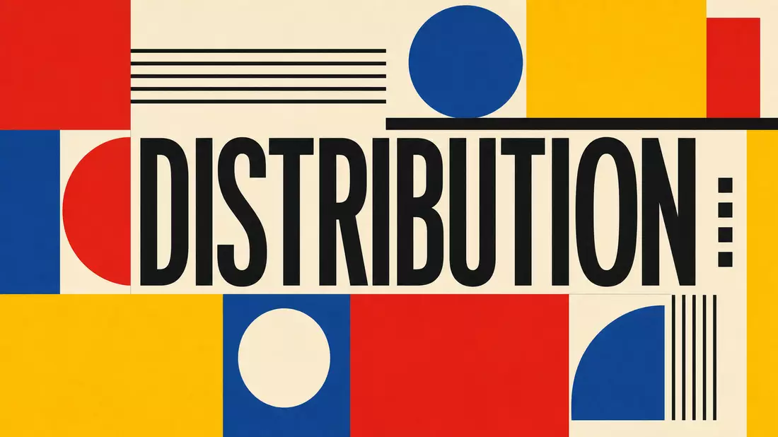 Geometrisches Bauhaus-Poster mit dem Wort Distribution in kräftigen Grundfarben