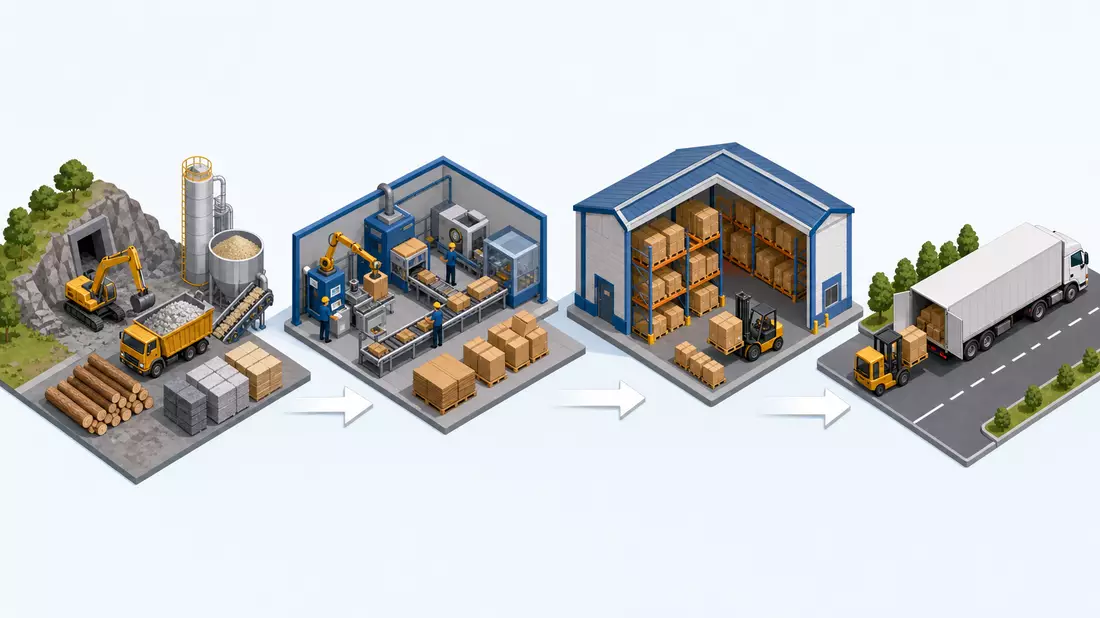 Isometrische 3D-Illustration einer Lieferkette von Rohstoff bis Distribution