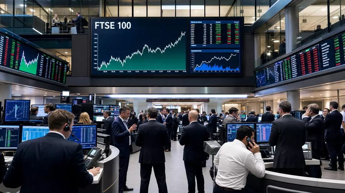 Editorialfoto eines Börsenhandelsraums mit Bildschirmen und FTSE 100 Kurscharts