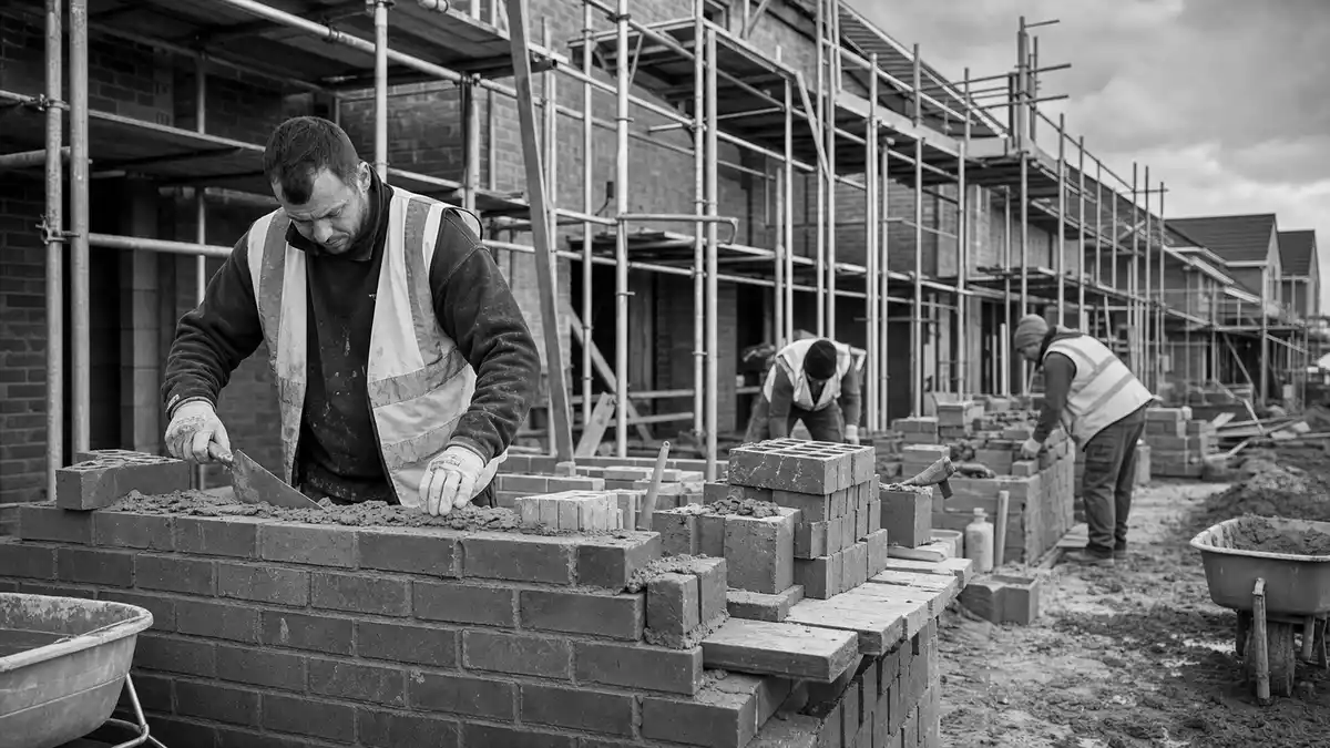 Schwarzweiß-Reportagefoto von Bauarbeitern beim Mauern auf Baustelle