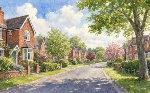 Vistry Group PLC GB0009692319 präsentiert eine stimmungsvolle Aquarellmalerei einer englischen Wohnsiedlung mit Backsteinhäusern - Foto: THN