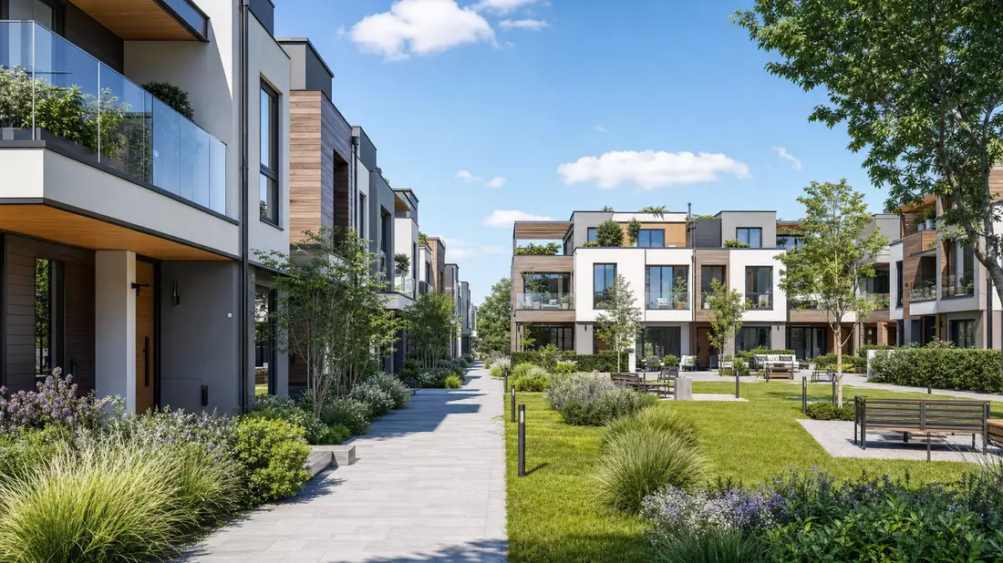 Architektur-Render einer modernen nachhaltigen Wohnanlage mit Grünflächen