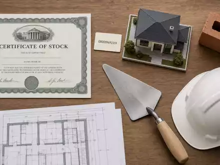 Vistry Group PLC GB0009692319 arrangiert ein Flatlay mit Aktienzertifikat, ISIN-Karte, Baustoffen und Architekturmodell - Foto: THN