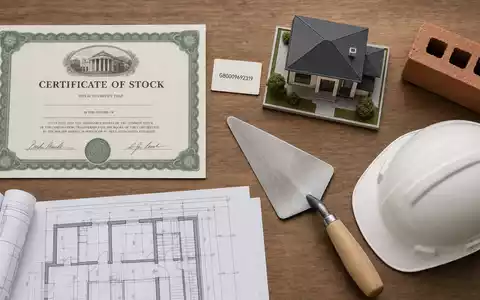Vistry Group PLC GB0009692319 arrangiert ein Flatlay mit Aktienzertifikat, ISIN-Karte, Baustoffen und Architekturmodell - Foto: THN