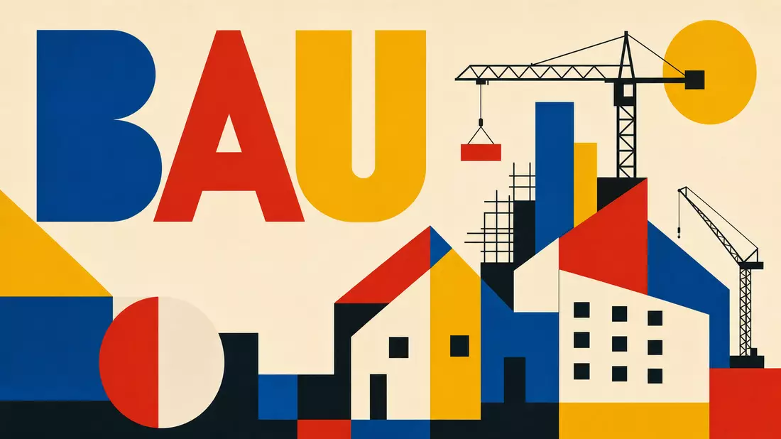 Geometrisches Bauhaus-Poster mit Häusern, Kran und dem Wort BAU