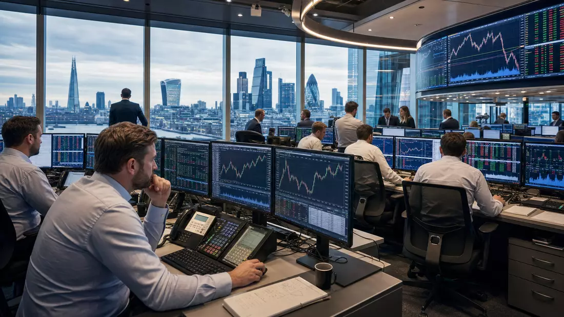Editorial-Foto von Börsenhändlern mit Charts vor Londoner Skyline