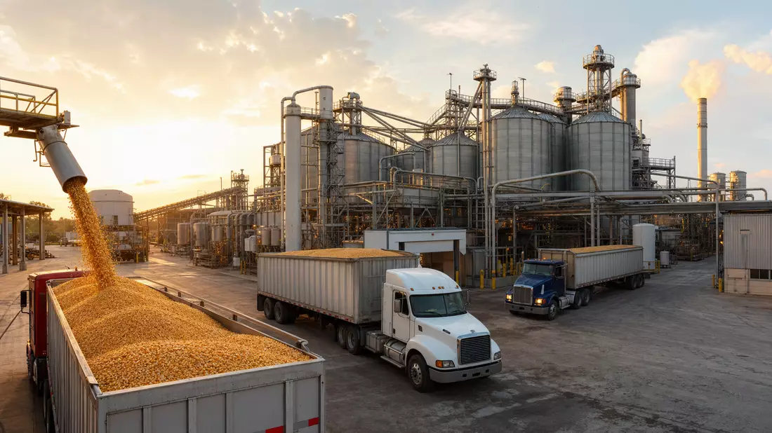 Industrieanlage zur Maisverarbeitung mit Silos und Lastwagen bei Sonnenaufgang