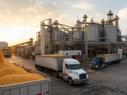Tate & Lyle PLC (GB0008707753) betreibt Maisverarbeitungsanlagen mit Silos und Lastwagen im Morgenlicht - Foto: THN