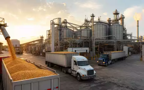 Tate & Lyle PLC (GB0008707753) betreibt Maisverarbeitungsanlagen mit Silos und Lastwagen im Morgenlicht - Foto: THN
