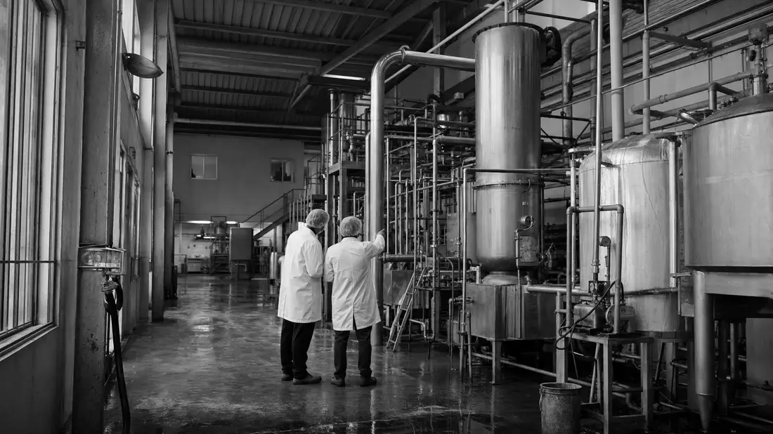 Schwarzweiß-Reportagefoto von Fabrikarbeitern an Produktionsanlagen