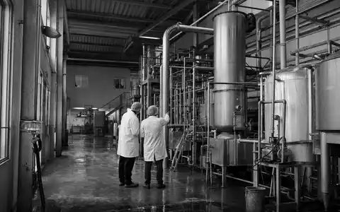 Tate & Lyle PLC (GB0008707753) zeigt Mitarbeiter in Schwarzweiß bei Kontrolle industrieller Produktionsanlagen der Lebensmittelindustrie - Foto: THN