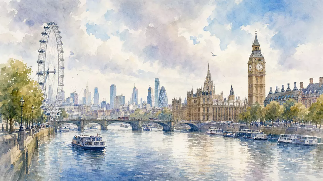 Aquarellmalerei der Londoner Skyline mit Themse und Brücken