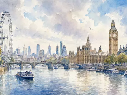 Tate & Lyle PLC (GB0008707753) mit Hauptsitz in London, dargestellt als sanftes Aquarell der Themse-Skyline - Foto: THN